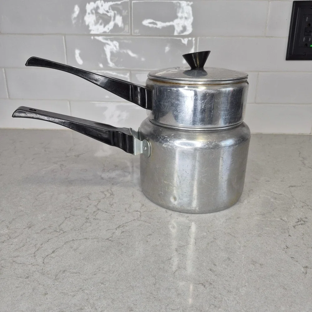 Vintage Double Boiler Aluminum Bakelite Handle Silver